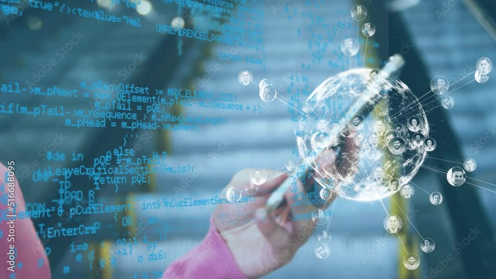 Poster animation of data processing and globe with connections over caucasian woman using smartphone