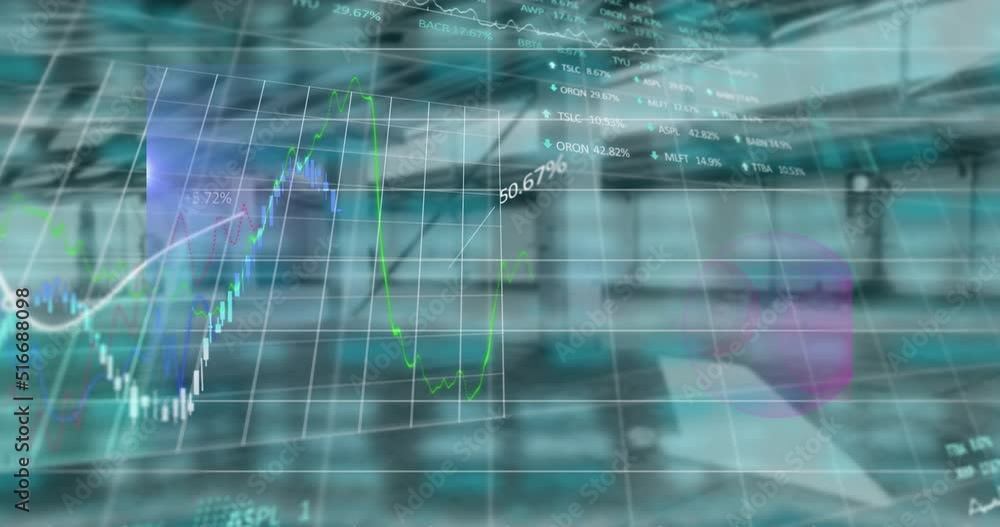 Poster animation of financial data processing over empty warehouse