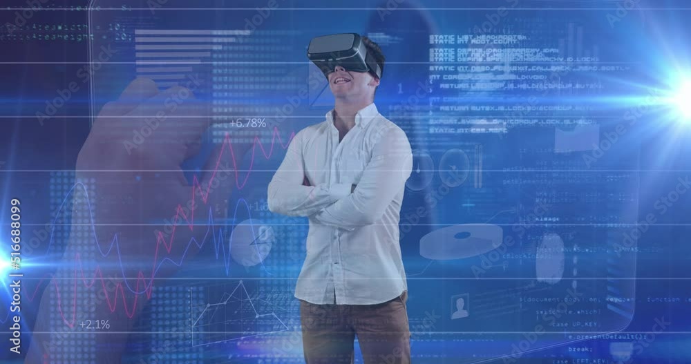 Poster animation of financial data processing over caucasian businessman using vr headset