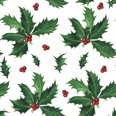Christmas holly branch seamless pattern isolated on white background. Watercolor hand drawn...