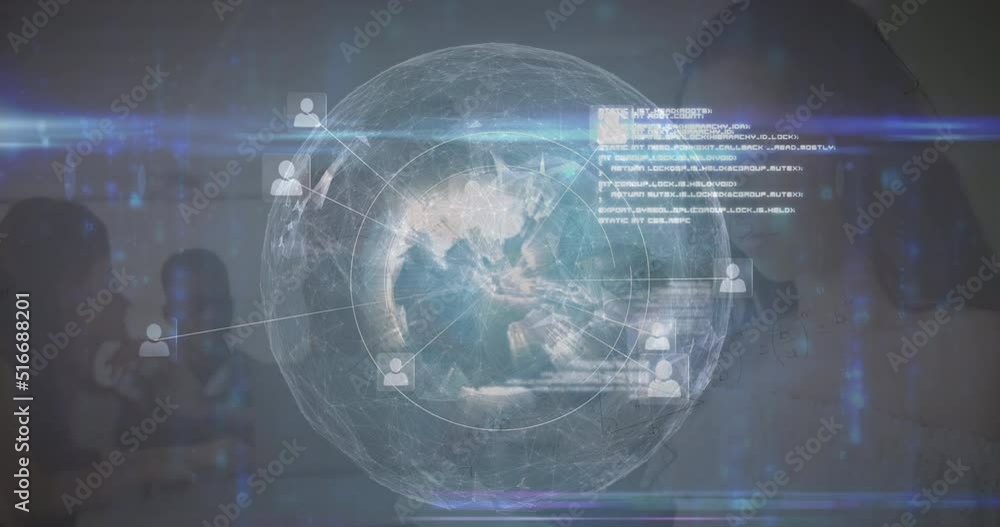 Aufkleber animation of network of connections and globe over group of pupils