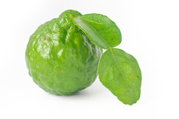 Bergamot fruit on white background. Green bergamot cut in half. Fresh bergamot fruits. Clipping path. Copy space. Image of fresh fruits.
