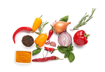 Composition with fresh vegetables, spices and herbs on white background
