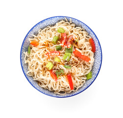 Bowl of tasty noodles isolated on white background