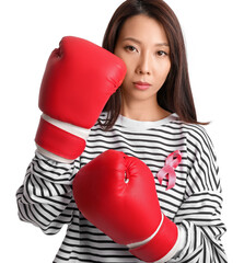 Young Asian woman in boxing gloves and with pink ribbon on white background. Breast cancer awareness concept