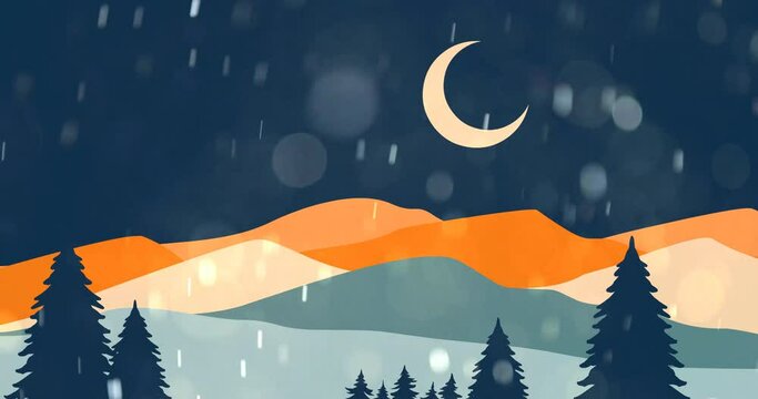 nature animation of mountains and trees at night with wind blowing