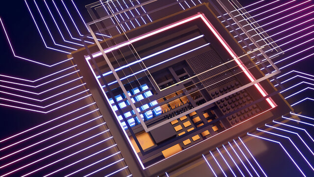 Image of the central processing unit,working processing technology,Nanotechnology Computing Technology,Conceptual CPU on circuit board,3d rendering