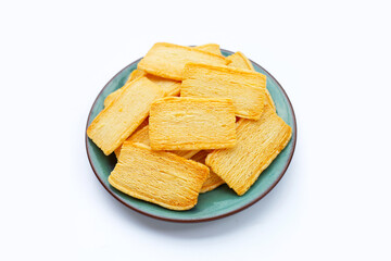 Cheese crispies on white background.