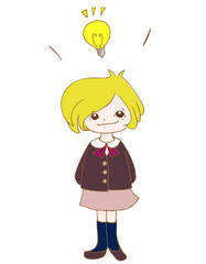 茶色のジャケットの制服を着た幼児(小学生)が、何かをひらめいた(思いついた)ベクターイラスト