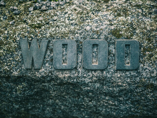 The word wood on stone