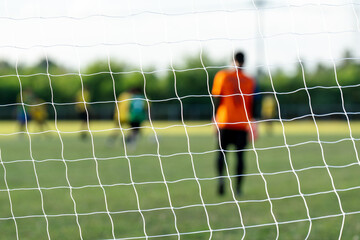 outdoor soccer player kicking a football on a grass sport field © mnirat