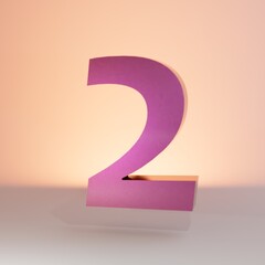 a large pink illuminated number 2 against a background of pastel colors. icon 2. 3d render. 3d illustration