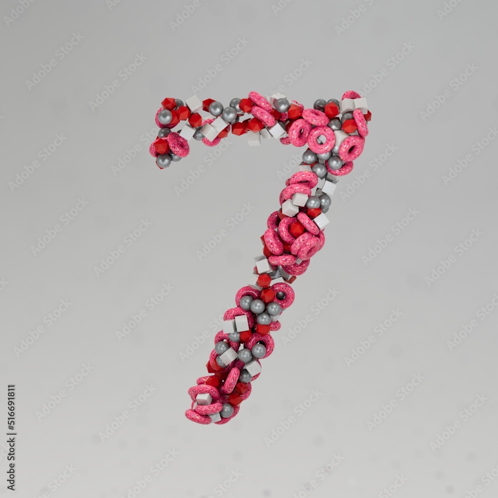Poster beautiful multi-colored number 7 on a gray background, consisting of particles of spheres of cubes o