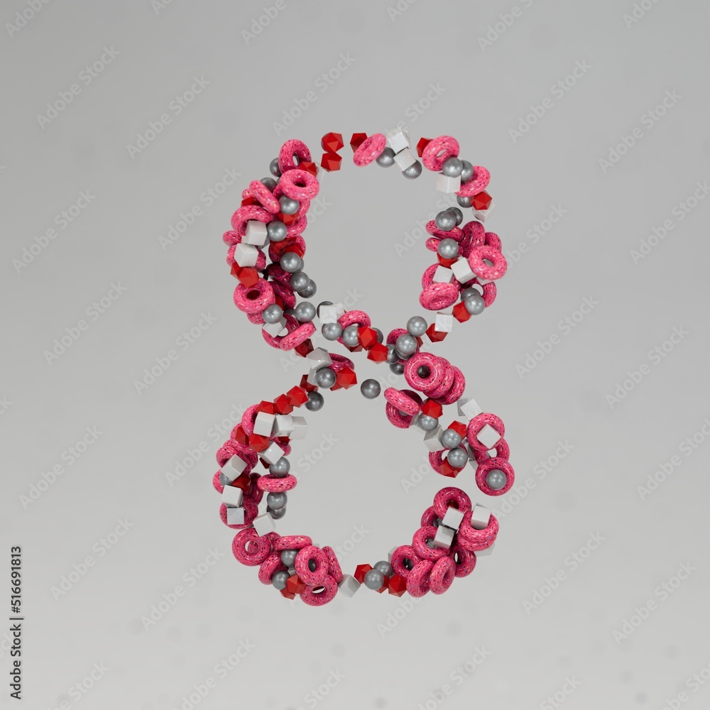 Poster beautiful multi-colored number 8 on a gray background, consisting of particles of spheres of cubes o