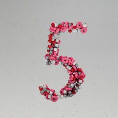 beautiful multi-colored number 5 on a gray background, consisting of particles of spheres of cubes of tori. Abstract birthday 5 years. icon number 5. 3d render. 3d illustration