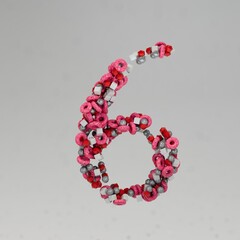 beautiful multi-colored number 6 on a gray background, consisting of particles of spheres of cubes of tori. Abstract birthday 6 years. icon number 6. 3d render. 3d illustration