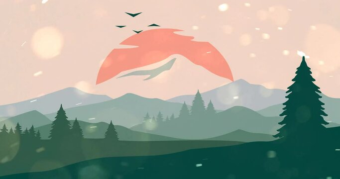 Animated mountains and sun in Japanese painting style with wind blowing