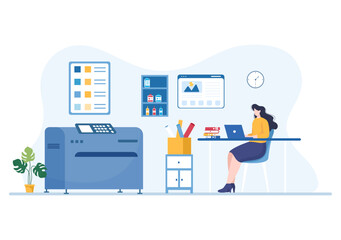 Print Shop Illustration with Production Process at Printing House and Machines for Operating big File Printers in Flat Style Cartoon - obrazy, fototapety, plakaty