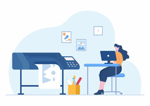 Print Shop Illustration with Production Process at Printing House and Machines for Operating big File Printers in Flat Style Cartoon