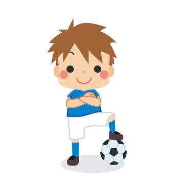 腕組みをしてサッカーボールに足を置いている可愛い男の子のイラスト　白背景　全身　クリップアート