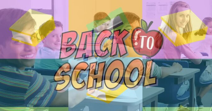 Animation of back to school text and icons over diverse schoolchildren
