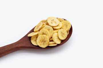 Banana slice chips on white background.