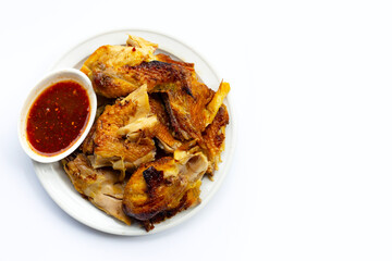 Grilled chicken, Thai style food on white background.