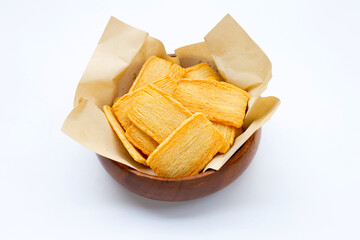Cheese crispies on white background.