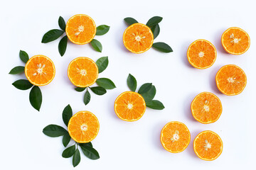 Obraz na płótnie Canvas Orange fruits on white background. Citrus fruits low in calories, high in vitamin C and fiber