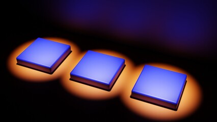 Three blue bases on an orange floor with three spotlights on them. Intense light on the bases. There is a deep shadow around. Space to place your products or models. 3D rendering. 3D illustration.