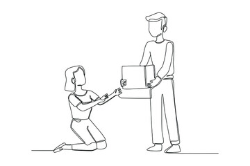 Single one line drawing Man giving donation box to a Poor Homeless woman. World charity day concept. Continuous line draw design graphic vector illustration.