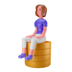 3d illustration Woman sitting on stacked coins