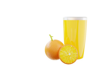 On a white background, two oranges, one halved, and a glass of juice are isolated.