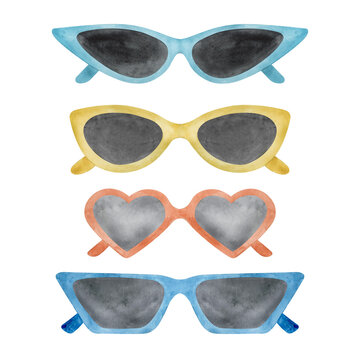 Vintage sunglasses watercolor hand drawn illustration. Sunglasses clipart elements set isolated on white background. Beach fashion.