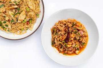 Spicy minced pork salad. with rice vermicelli noodles spicy salad