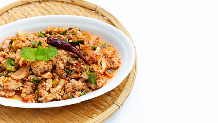 Spicy minced pork salad. Copy space