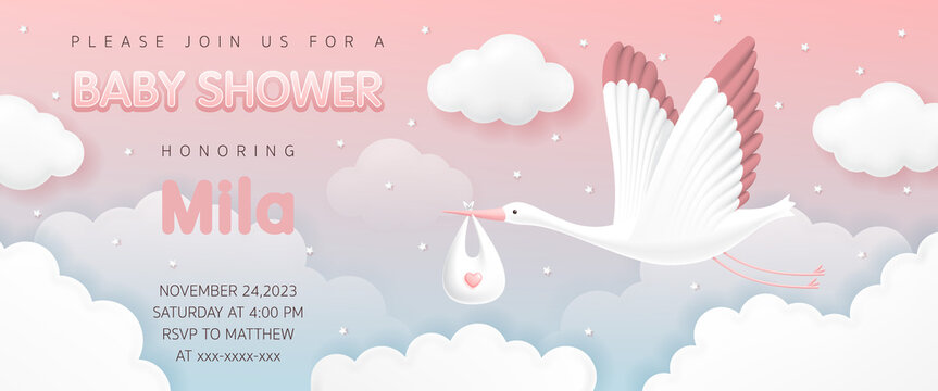 Baby shower banner invitation card with stork carrying a cute baby in a bag on pink sky background for greeting cards, children's albums, birthday party for a girl, poster, greeting card, It's a girl