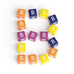 Letter B from cubes. Font from cubes. 3D illustration. White background. Lettering design element. Children's font for learning the alphabet. Initial cap. Big B