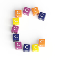 Letter C from cubes. Font from cubes. 3D illustration. White background. Lettering design element. Children's font for learning the alphabet. Initial cap. Big C