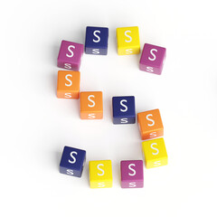 Letter S from cubes. Font from cubes. 3D illustration. White background. Lettering design element. Children's font for learning the alphabet. Initial cap. Big S