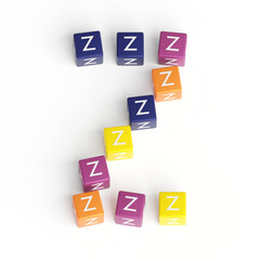 Letter Z from cubes. Font from cubes. 3D illustration. White background. Lettering design element. Children's font for learning the alphabet. Initial cap. Big Z