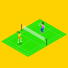 Man and woman face each other in a badminton game isometric 3d vector illustration concept for banner, website, illustration, landing page, flyer, etc.
