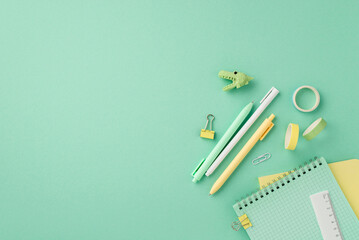 Back to school concept. Top view photo of school supplies animal shaped eraser notepads pens ruler...