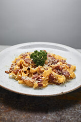 Carbonara pasta with bacon.
