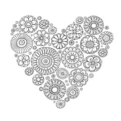 Floral mandala heart shape. Love concept art for your design. Colouring page