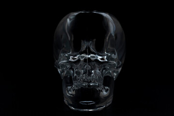 Crystal skull ancient artifact on black background. Front portrait image.
