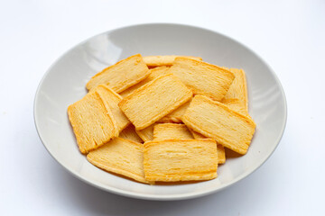 Cheese crispies on white background.