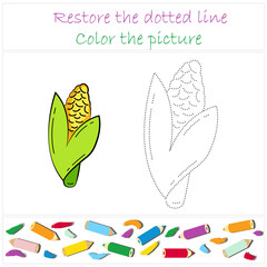 Corn. Vegetables. Educational developing game for preschoolers "Trace and color". Vector illustration for children, eps