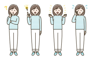 女性の表情バリエーションのイラストセット②（肌色ありバージョン）