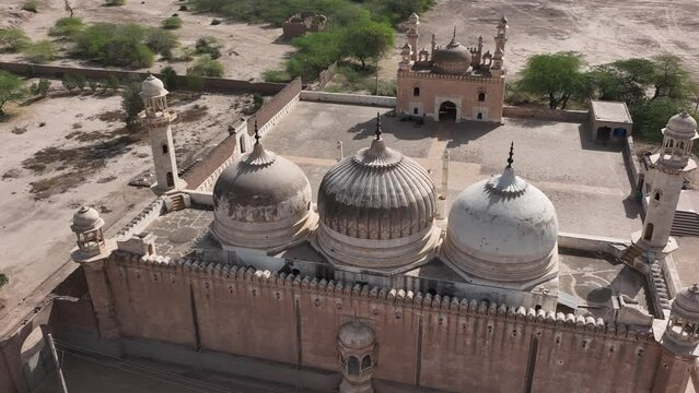 Drone captured cinematic parallax overhead footage of Derawar Fort in day time.